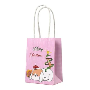 Pink Christmas gift paper bag with cartoon dog and Merry Christmas print on white background