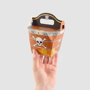Pirate Theme Treasure Chest Paper Gift Boxes With Handle Wood Grain Skull Pattern Folding Candy Box For Kids Halloween Party Favors