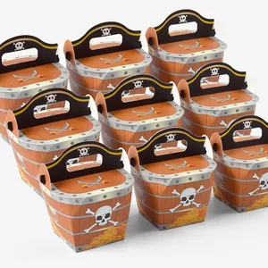 Pirate treasure chest candy boxes with wooden barrel pattern and pirate hat handle
