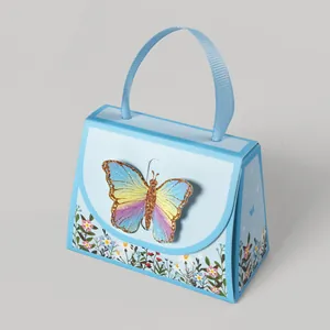 3D Schmetterling Hellblaue Mini Handtasche Geschenkbox mit Blumenmuster und Bandgriff
