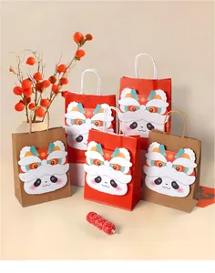 Detail of red and kraft gift bags with 3D panda lion dance motif for Chinese New Year