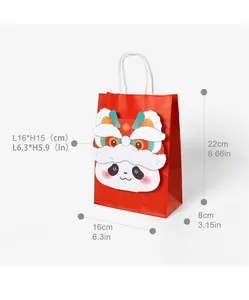 Size dimensions of red Chinese Lion Panda gift bag with white rope handles and 3D decor
