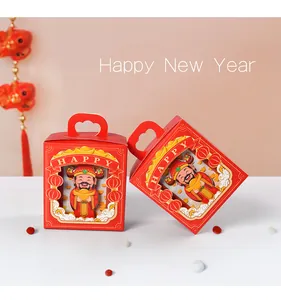 Red festive New Year gift box featuring Caishen God of Wealth with a heart handle
