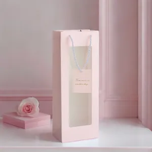 Minimalist Solid Color Gift Bag With Transparent Window Paper Handbag For Wine Flower Gift Wrapping Valentine Birthday Wedding Party