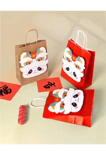 Close-up of festive Chinese New Year lion dance panda gift bags with 3D cartoon designs