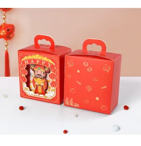 Red festive gift box featuring a paper window design with a cute Fortune God character