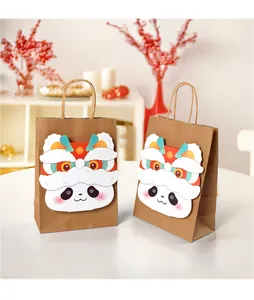 Close-up of DIY New Year candy bags with 3D lion dance panda on kraft paper
