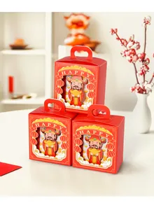 Three festive red Chinese New Year candy boxes featuring 3D Caishen god and happy print