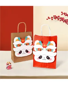 Macro detail of red and brown festive lion dance panda paper gift bags with paper handles