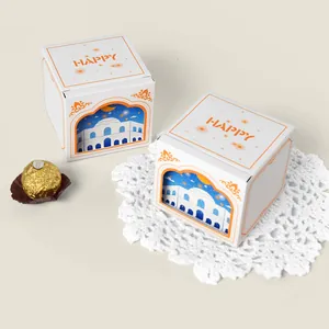 Eid Ramadan Mubarak Gift Box White Cardboard 3D Window Candy Cookie Packaging Boxes With Mosque Moon Star Pattern Happy