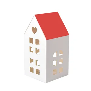 Red house shaped gift box with heart cutout and window detail for candies and cookies