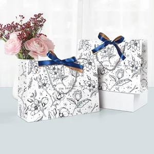 Vintage Blumen Line Art Geschenktüte Weißer Karton Tragetasche Mit Satin Schleife Und Buchstaben Druck Für Hochzeit Party Feier