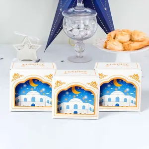 White 3D hollow window gift boxes with crescent mosque motifs for Ramadan celebration