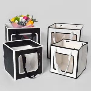 Sacchetto Regalo Quadrato in Carta Con Finestra Trasparente Borsa Portatile per Fiori e Torte Confezione in Cartone Bianco