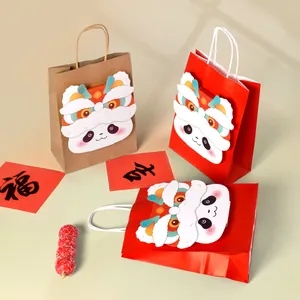 Festive Chinese New Year gift bags with 3D panda lion dance patterns and red handles