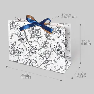 Vintage floral paper gift bag with ribbon and 45-degree angle product dimensions