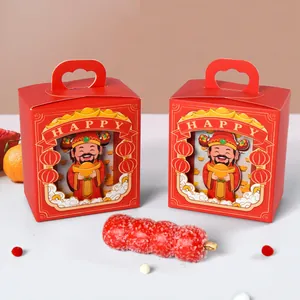 Red Chinese New Year folding candy boxes with cute God of Wealth and gold ingots pattern