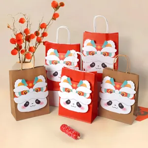 Chinese New Year festive lion dance gift bags with cute panda motifs in red and kraft