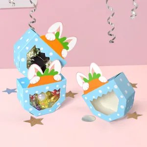 Light blue bunny gift box with carrot ears and clear window for party favors