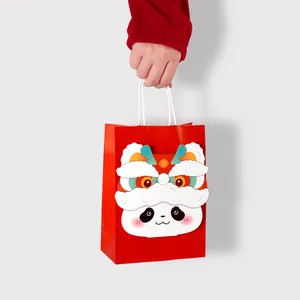 Red festive New Year gift bag featuring 3D panda lion dance design with white rope handles