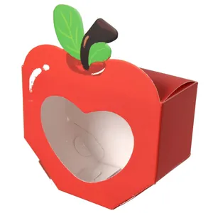 Apple shaped red paper gift box with heart window and green leaf for Thanksgiving parties