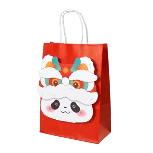 Red festive gift bag featuring a 3D cartoon lion dance panda with white handles