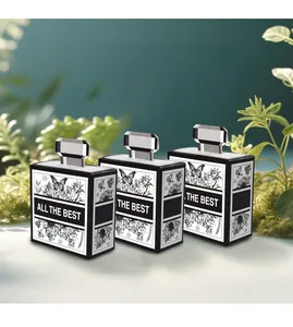 Detail of perfume bottle shaped gift boxes with butterfly and sunflower illustrations
