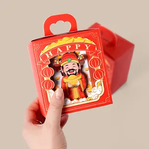 3D God of Wealth candy gift box in red with heart handle and gold coin details