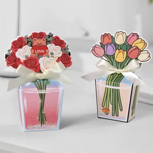Scatola Regalo 3D Creativa a Forma di Bouquet di Fiori Con Fiocco in Raso per Caramelle Matrimonio San Valentino Festa Tulipano Rosa Modelli Scatola di Carta