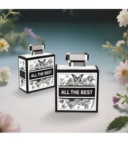 Detail of perfume bottle shaped gift box with floral illustrations and All The Best text