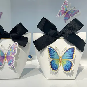 Elegant 3D butterfly gift box in white textured paper with a black grosgrain ribbon bow