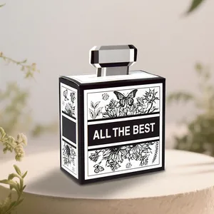 Black and white perfume bottle shaped gift box with floral art and All The Best text