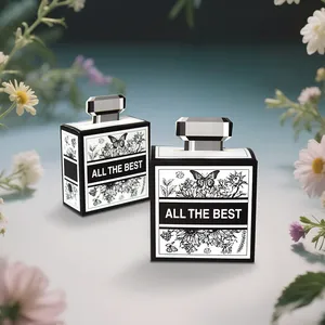 Perfume bottle shaped gift box with black and white floral patterns and greeting text