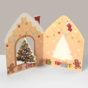 3D Pop-up Weihnachten Grußkarten Kreative Hausform Karton Faltkarte Mit Schneemann Lebkuchenmann Muster Für Feiertag Dekoration