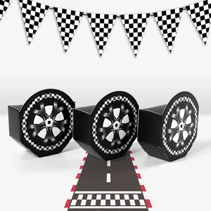 Cajas de regalo para fiestas de carreras con forma de neumático y bandera a cuadros