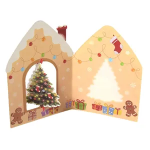 3D-Pop-Up-Weihnachtskarte mit rotem Lebkuchenhaus und festlichem Weihnachtsbaum-Design