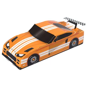 Creatieve oranje 3D raceauto thema feest geschenkdoos met geblokte vlag detail