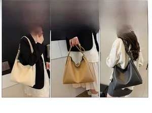 Three-way split view of large tote bags in white, black, and tan showing various carrying styles