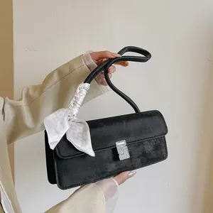 Fashion Women PU Leather Baguette Bag Rhinestone Buckle Satin Scarf Decor Small Shoulder Underarm Bag Solid Color Casual Handbag