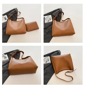 Detailed views of a brown PU tote bag with a matching small zipper pouch and wide strap
