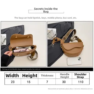 Size chart and capacity detail of solid color PU leather saddle bag for women