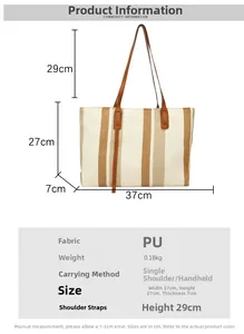 Detailed size chart and dimensions of the striped tote bag with PU leather handles