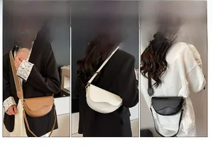 Three-color saddle bag showcase featuring adjustable straps in brown, beige, and black