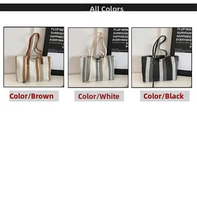 Three variants of vertical striped tote bags in brown, white, and black woven canvas