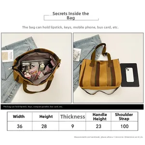 Size chart and capacity detail of striped canvas tote bag with specific dimensions