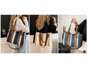 Three-way canvas tote bags in striped patterns showing top handles and adjustable straps