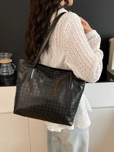 Sac cabas élégant noir à motif pied-de-poule grande capacité avec double bandoulière