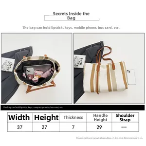 Detailed size chart for striped tote bag showing dimensions 37cm width and 27cm height