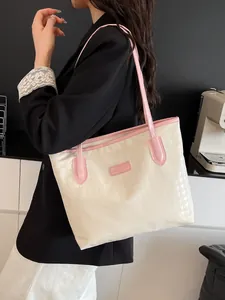 Grand sac cabas à motif pied-de-poule crème et rose pour femme style élégant chic