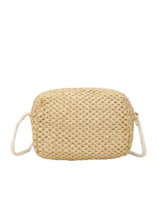 Summer mini handmade woven straw crossbody bag with beige texture and zipper closure